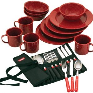 Coleman 24-Piece Enamel Dinnerware Set, Red