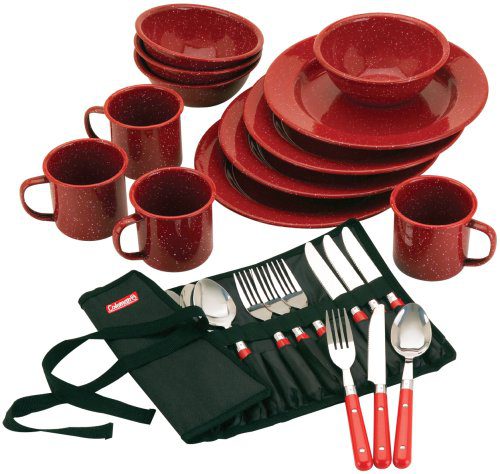 Coleman 24-Piece Enamel Dinnerware Set, Red