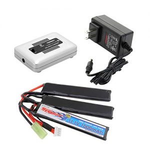 Tenergy Airsoft Battery 11.1V 1000mAh 20C High Discharge Rate LiPo Battery Pack Split Type Crane Stock Battery Pack with Mini Tamiya Connector + 1-4 Cells LiPo/Life Balance Charger for Airsoft Guns