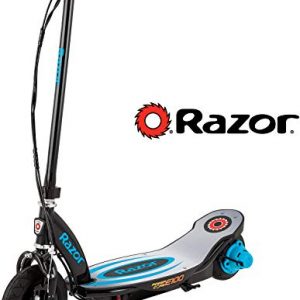 A sleek, red Razor Power Core E100 electric scooter with sturdy steel frame, showing the high-torque hub motor and ergonomic hand-operated brake. Ideal for kids aged 8+, up to 11 MPH.