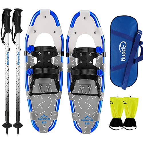 Gpeng 4-in-1 Xtreme Lightweight Snow Shoes Set for Men Women Youth Kids, Light Weight Aluminum Alloy Terrain Snowshoes with Trekking Poles and Waterproof Leg Gaiters, 14/21/25/27/30 Inches