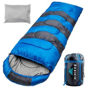 HiHiker Camping Sleeping Bag + Travel Pillow w/Compact Compression Sack - 4 Season Sleeping Bag for Adults & Kids - Lightweight Warm and Washable, for Hiking Traveling.