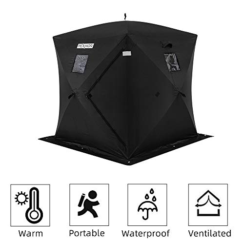 PEXMOR Ice Fishing Shelter, Pop-up Hub-Style for 2 Person, w/Portable Carrying Bag, Detachable Ventilated Windows, Zippered Door, Black Waterproof Oxford Fabric