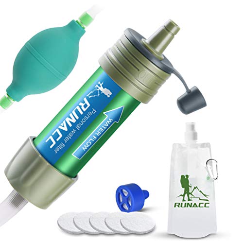RUNACC Water Purifier Camping Straw Filtration System with Ball Pump Fast Drinking and Backflushing Design, 2000L Water Purifier Survival Kit Hurricane Storm Supplies