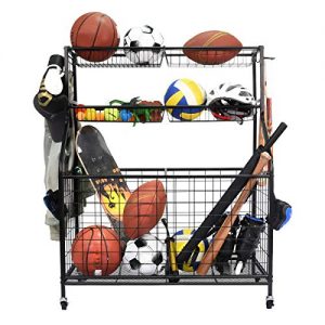 Kinghouse Garage Sports Equipment Organizer, Ball Storage Rack, Garage Ball Storage, Sports Gear Storage, Garage Organizer with Baskets and Hooks, Rolling Sports Ball Storage Cart, Black, Steel