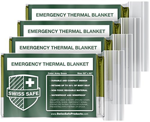 Swiss Safe Emergency Mylar Thermal Blankets (4-Pack) + Bonus Signature Gold Foil Space Blanket: Designed for NASA, Outdoors, Hiking, Survival, Marathons or First Aid