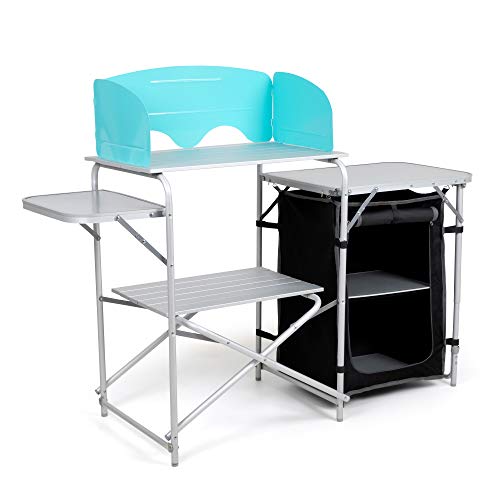 Camp Kitchen Table with Windscreen and Carrying Bag - Aluminum Camping Equipment, Portable, and Lightweight - Folding Cook Station for BBQ, Picnics, and Tailgating