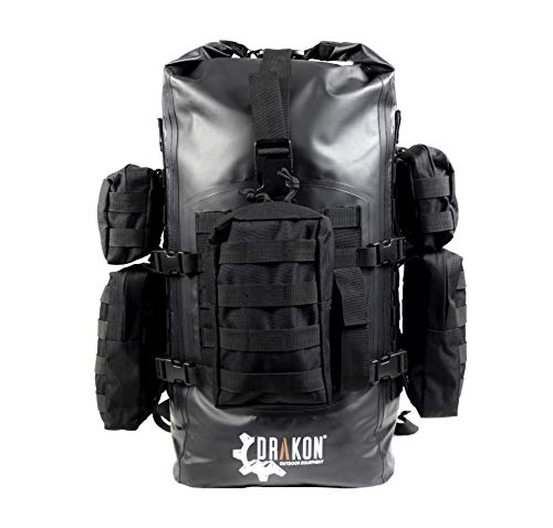 Boating Drakon Outdoors 40L Waterproof Dry Bag Survival Backpack Camping Roll Top Go-Bag Perfect for Hunting Black Padded Adjustable Straps with MOLLE System Kayaking 