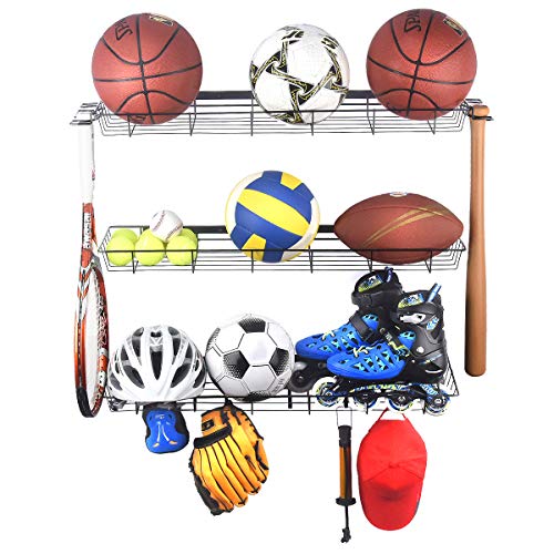 Kinghouse Sports Equipment Storage Rack, Sports Ball Storage Rack with 3 Baskets and 4 Hooks, Ball Rack for Garage, Garage Ball Storage, Sports Gear Storage, Black, Steel, Wall Mount