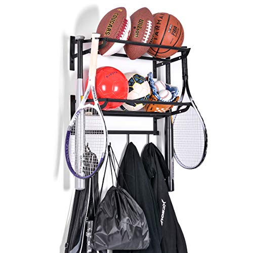 Sunix Sports Equipment Storage, Ball Storage Rack Basketball Holder Wall Mount Shelf with Hooks, 2 Racks, Black