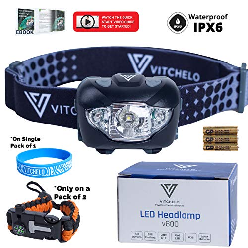 VITCHELO V800 Headlamp Flashlight with White and Red LED Lights. Super Bright Head Light & Waterproof. 3 AAA Batteries Included Best for Trail Running Jogging Camping Hiking Hunting Reading Mechanic