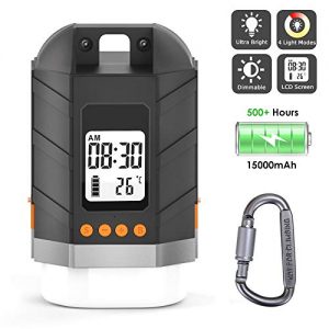Sinvitron LED Camping Lantern Rechargeable/Power Bank 15000mAh, Camping Tent Light W/Up to 500H Light Time & LCD Screen, 4 Light Mode, IP65 Waterproof for Emergency, Hurricane, Power Outage, Hiking