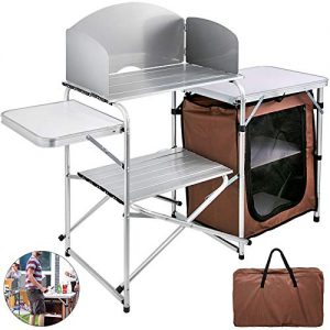 VBENLEM Camping Outdoor Kitchen 2-Tier Camping Kitchen Table with Zippered Bag Camping Table 2 Side Tables Camp Cook Table Portable Outdoor Camping Table for Outdoor Activities Brown Color