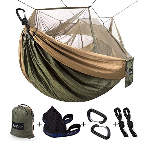 Single & Double Camping Hammock with Mosquito/Bug Net, 10ft Hammock Tree Straps and Carabiners, Easy Assembly, Portable Parachute Nylon Hammock for Camping, Backpacking, Survival, Travel & More