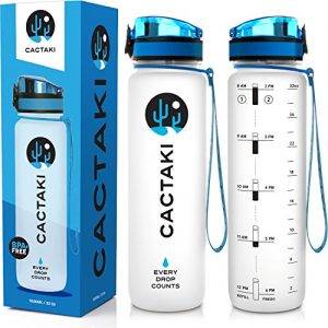 Cactaki 32oz Water Bottle with Time Marker, BPA Free Water Bottle, Non-Toxic, Leakproof, Durable, for Fitness and Outdoor Enthusiasts