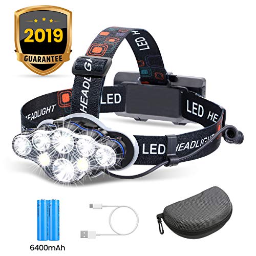 Headlamp, OUTERDO 13000 Lumens 8 LED Headlamp Rechargeable Headlight Flashlight with USB Cable 2 Batteries, 8 Modes Waterproof Head Lamp with Red Light for Outdoor Camping Cycling Running Fishing