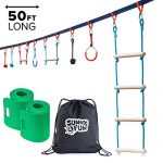Sunny & Fun Portable 50 Foot Ninja Slackline Monkey Bar & Ladder Kit - Kids Gym Swinging Obstacle Course Set - Warrior Training Bars, Fists, Gymnastics Rings - Carry Bag & Tree Protectors