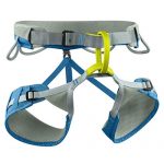 EDELRID Jay III climbing harness with adjustable leg loops, movable padding, and durable abrasion protector, shown on a mountain climber.