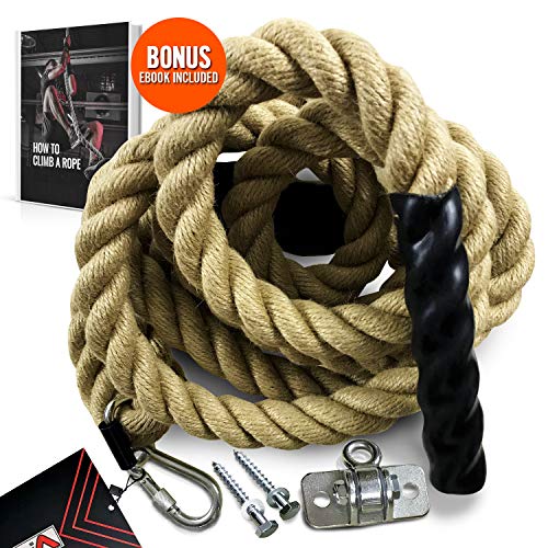 Easy-Install Manila Hemp Gym Climbing Rope w/ Bracket & Carabiner for Indoor & Outdoor Crossfit Exercise, Home Training and Fitness Workouts (1.5 in Thickness & 15/20/25 ft Length Available)
