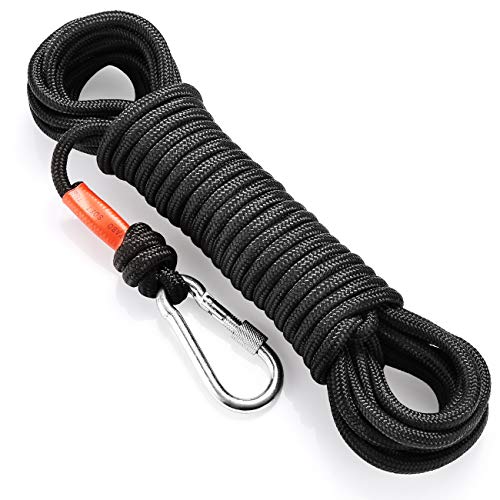 NIECOR Static Climbing Rope,Magnet Fishing Rope with Carabiner,8mm High Strength Cord Safety Rope 32ft,64ft,98ft