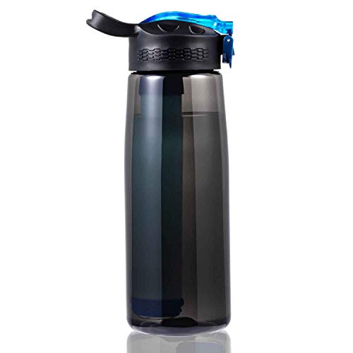 DoBrass Water Bottle with Filter for Travel, Camping, Hiking, Outdoor and Daily Use, Water Filtered Bottle, BPA Free and Leakproof, Black