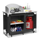 Giantex Portable Camping Kitchen Table, Camping Grill Table w/Windscreen and Storage Organizer, Outdoor Kitchen Cook Station with Basin for BBQ, Party, Picnics, Backyards, BBQ Table (Black)