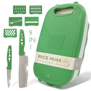 Cutting Board For Kitchen - 9-In-1 Multifunctional Cutting Boards - Durable Rice Husk - Collapsible Chopping Board - Space Saver - Fruit and Vegetable Slicer Kit - Strainer - Kinfes Set Dishwasher Safe