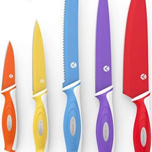 Vremi 10 Piece Colorful Knife Set - 5 Kitchen Knives with 5 Knife Sheath Covers - Chef Knife Sets with Carving Serrated Utility Chef's and Paring Knives - Magnetic Knife Set with Matching Color Case