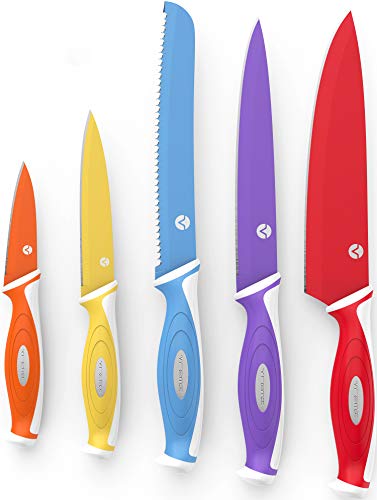 Vremi 10 Piece Colorful Knife Set - 5 Kitchen Knives with 5 Knife Sheath Covers - Chef Knife Sets with Carving Serrated Utility Chef's and Paring Knives - Magnetic Knife Set with Matching Color Case
