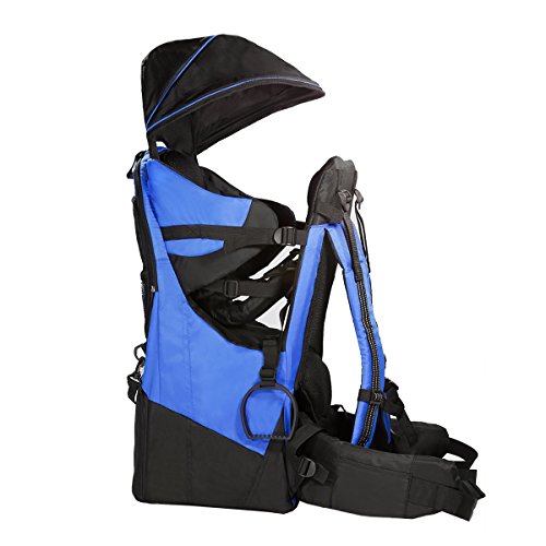 ClevrPlus Deluxe Baby Backpack Hiking Toddler Child Carrier Lightweight with Stand and Sun Shade Visor, Blue 
