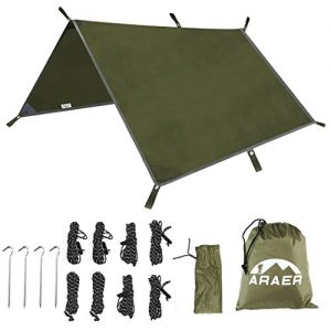 ARAER Tent Tarp Hammock Rain Fly 114" x 114"/9.5ft, 900g/1.98lbs, 2000PU Waterproof Windproof UV 50 Sunshade Essential Survival Camping Hiking Backpacking Cycling Gear, 4 Stakes 8 Ropes