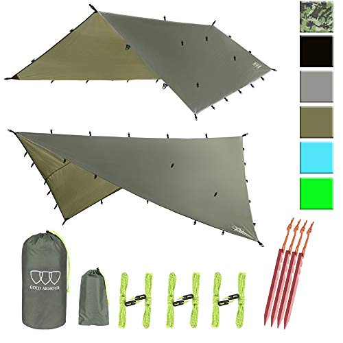 Gold Armour Rainfly Tarp Hammock, 14.7ft/12ft/10ft/8ft Rain Fly Cover, Waterproof Ultralight Ripstop Fabric, Survival Gear Backpacking Camping Tent Accessories (OD Green, 12ft x 10ft)