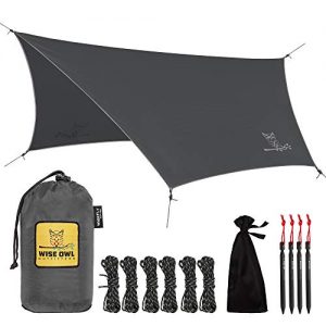 Wise Owl Outfitters Rain Fly Tarp – The WiseFly Premium 11 x 9 ft Waterproof Camping Shelter Canopy – Lightweight Easy Setup for Hammock or Tent Camp Gear – Charcoal Grey & Light Grey