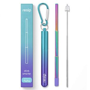 Flyby Portable Reusable Drinking Straws | Collapsible and Foldable Telescopic Stainless Steel Metal Straw Dispenser | Final Aluminum Case, Long Cleaning Brush, Silicone Tip | Purple and Teal | 1-Pack