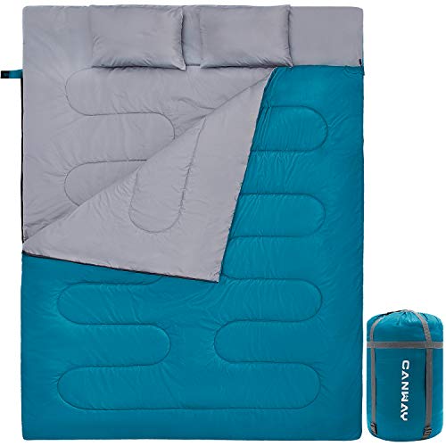 CANWAY Double Sleeping Bag with 2 Pillows, Waterproof Lightweight 2 Person Sleeping Bag for Camping,Backpacking, Hiking Outdoor Indoor for Adults or Teens Queen Size XL （Lake Blue-Polyester）