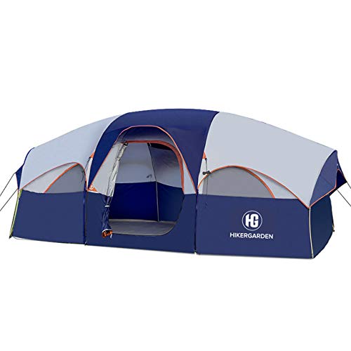 HIKERGARDEN Tent-8-Person-Camping-Tents, Waterproof Windproof Family Tent, 5 Large Mesh Windows, Double Layer, Divided Curtain for Separated Room, Portable with Carry Bag, for All Seasons (Blue)