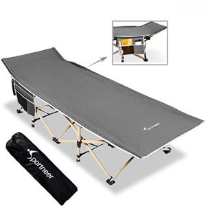 Sportneer Camping Cot, Max Load 450 LBS, 2 Side Large Pockets Portable Folding Camp Cots Sunbathing Lounger Bed with Carry Bag, for Camping, Beach, BBQ, Hiking, Backpacking, Office, Gray