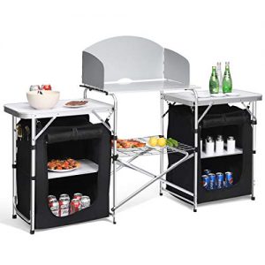 Giantex Folding Camping Kitchen Table w/ 2 Storage Organizer, Portable Aluminum Windscreen Cooking Table Easy-to-Clean, 2-Tier Outdoor Kitchen Cook Station for BBQ, Party, Picnics, Backyards (Black)
