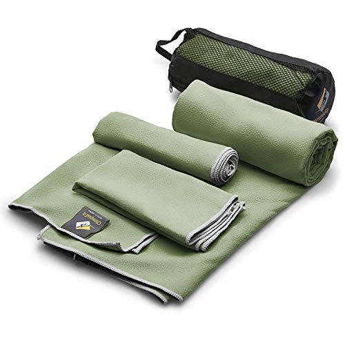 Set of 3 Microfiber Towels - Best for Gym Travel Camp Beach Backpacking Sports Outdoor Swim - Quick Dry Fast · Absorbent · Antimicrobial · Compact · Lightweight Men Women Gift Toiletry Bag (Khaki)