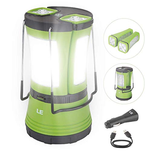 LE LED Camping Lantern Rechargeable, 600LM, Detachable Flashlight, Perfect Lantern Flashlight for Hurricane Emergency, Hiking, Fishing and More, USB Cable and Car Charger Included