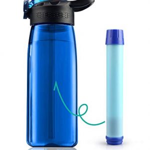 Membrane Solutions Tritan Water Filter Bottle - Portable Water Bottle with 4-Stages Filtration System/Straw for Camping, Survival, Backpacking Travel Climbing, Sports and Bike, BPA-Free, 22 Ounce, Blue.