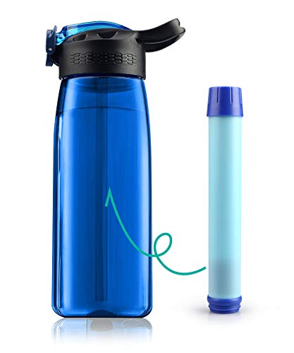 Membrane Solutions Tritan Water Filter Bottle - Portable Water Bottle with 4-Stages Filtration System/Straw for Camping, Survival, Backpacking Travel Climbing, Sports and Bike, BPA-Free, 22 Ounce, Blue.