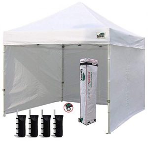 Eurmax 10'x10' Ez Pop-up Canopy Tent with 4 Removable Side Walls and Roller Bag, Bonus 4 SandBags, White