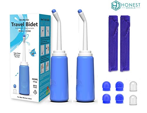 2 PACK Portable Bidet Sprayer Bottle HONEST-DEALS Travel Bidet Sprayer 500ml 17oz Personal hygiene Care Toilet Cleaner for Outdoor, Driver, Camping,Training, with 2 Nozzles, Dust Cap and Storage Bag