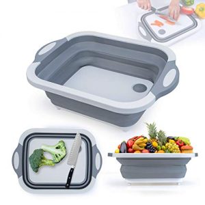 Collapsible Cutting Board, 3 in 1 Chopping Board with Drain Plug, Wash Basin and Dish tub and Colander, Multifunctional for Vegetable Fruit Wash, Space Saving for Kitchen, Camping, Picnic and BBQ