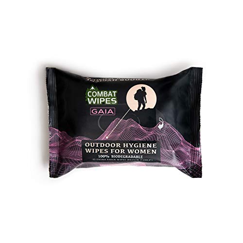 Combat Wipes Gaia Feminine Hygiene Outdoor Wet Wipes | Extra Thick, Ultralight, Biodegradable, pH Balanced Body and Hand Cleansing Cloths for Women w/Aloe (25 Pack).