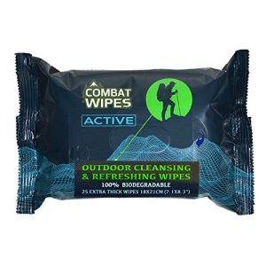 Combat Wipes Active Outdoor Wet Wipes | Extra Thick, Ultralight, Biodegradable, Body and Hand Cleansing/Refreshing Cloths for Camping, Gym andBackpacking w/Natural Aloe and Vitamin E (25 Wipes).