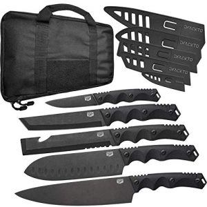 DFACKTO - 11 Piece Premium Rugged Knife Set with Sheaths and Case for Kitchen and Camping, Stonewashed High Carbon Stainless Steel Knives in Travel Kit, G10 Handles, Matte Black Cooking BBQ Utensils