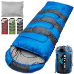 HiHiker Camping Sleeping Bag + Travel Pillow w/Compact Compression Sack – 4 Season Sleeping Bag for Adults & Kids – Lightweight Warm and Washable, for Hiking Traveling & Outdoor Activities (Blue)