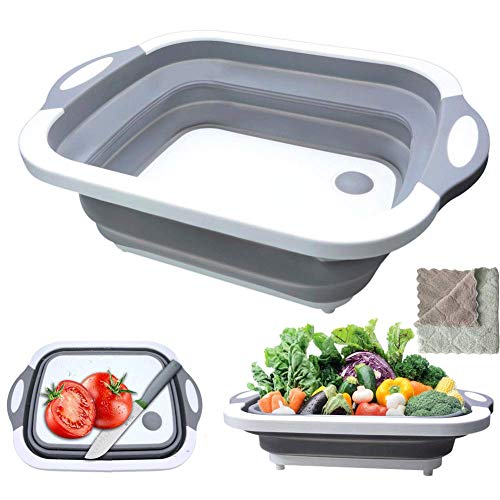 Collapsible Cutting Board, HI NINGER Multifunction Chopping Board with Colander, Space Saving 3 in 1 Multifunction Storage Basket, Chopping&Slicing Board for Camping, Picnic, BBQ, Kitchen